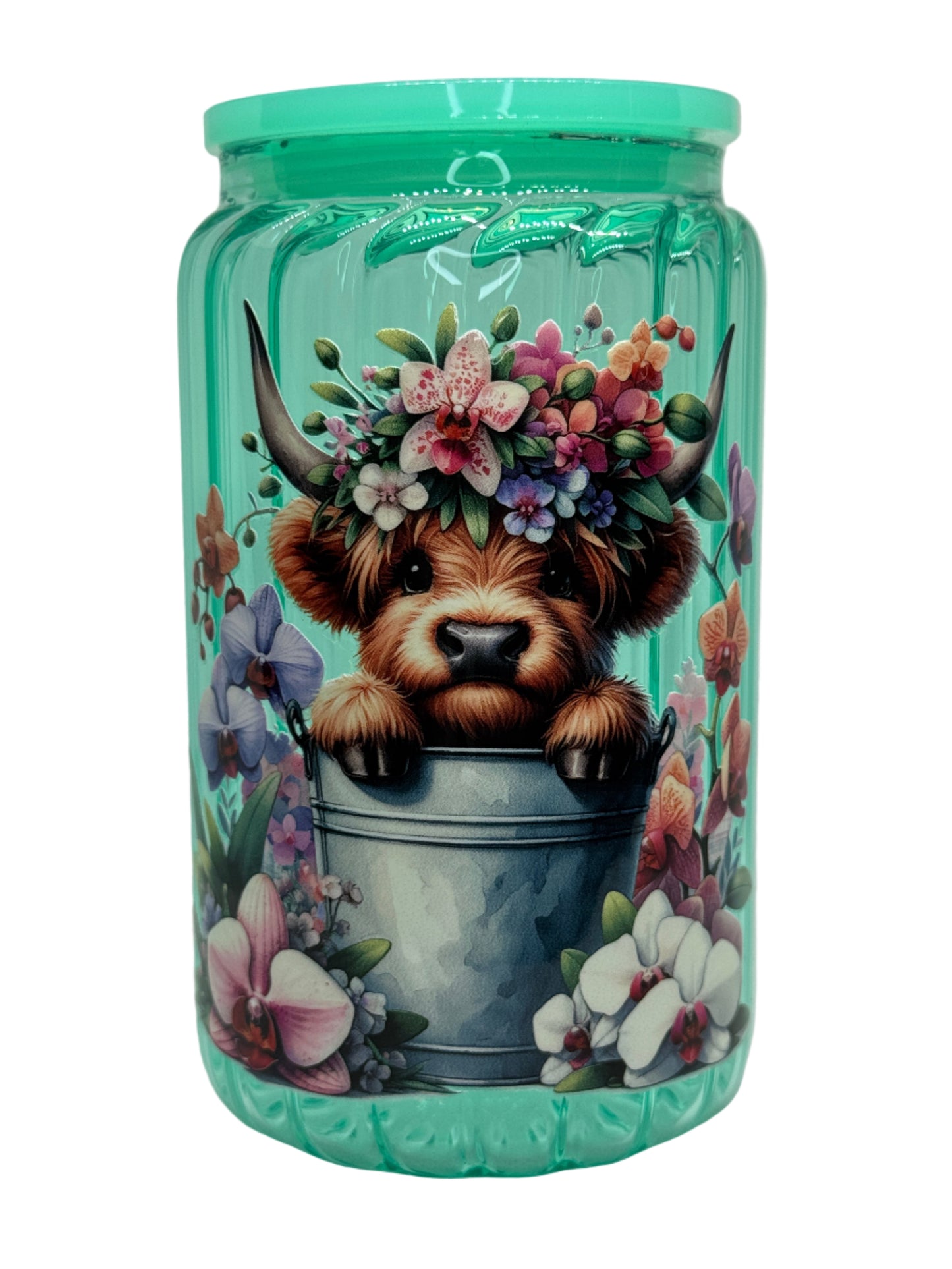 Floral Cow In A Bucket 16 oz Glass Cup