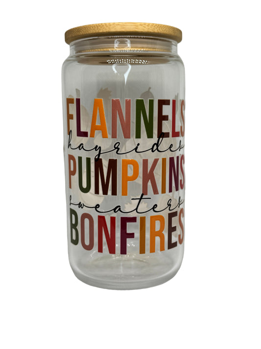 Flannels, Pumpkins, Bonfires 16 oz Glass Cup