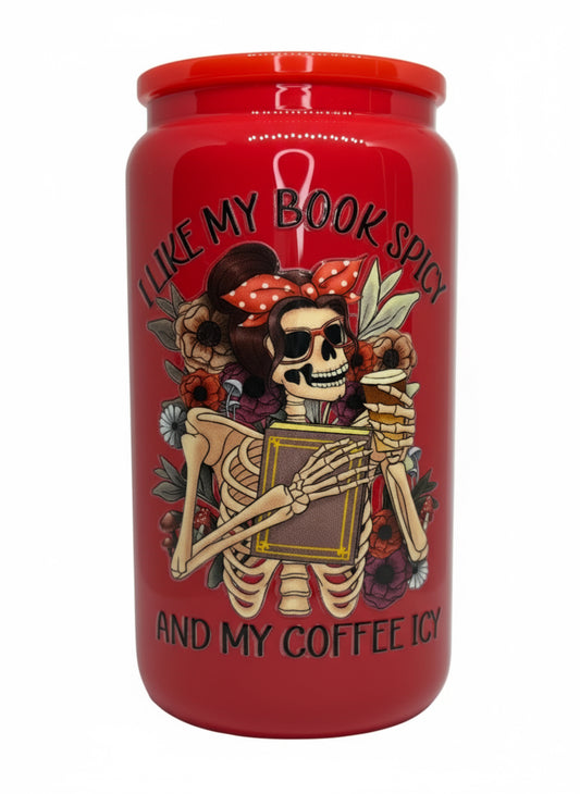 Books Spicy, Coffee Icy 16 oz Glass Cup
