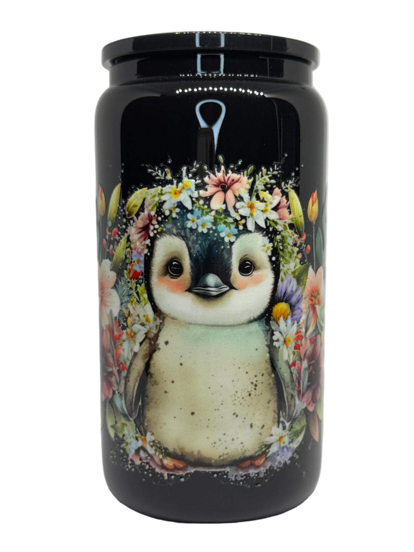 Floral Penguin 16 oz Glass Cup
