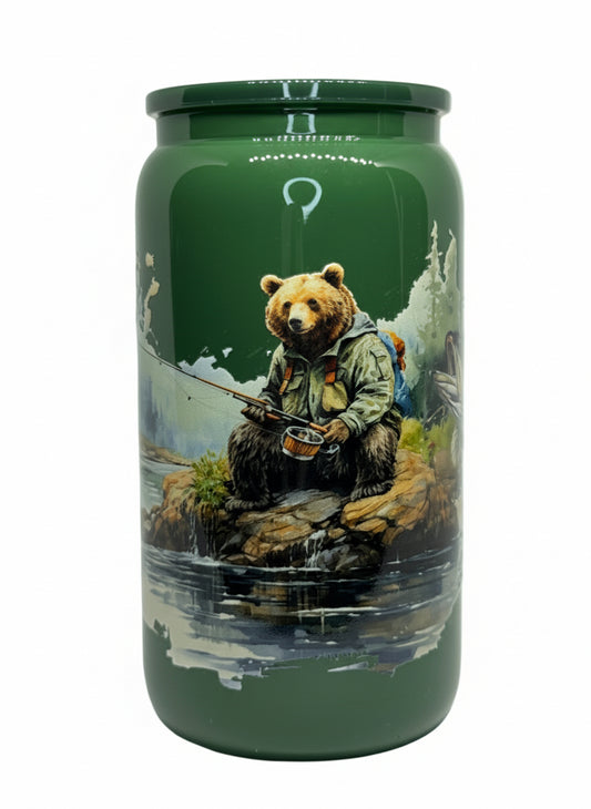 Fishing Bear 16 oz Glass Cup