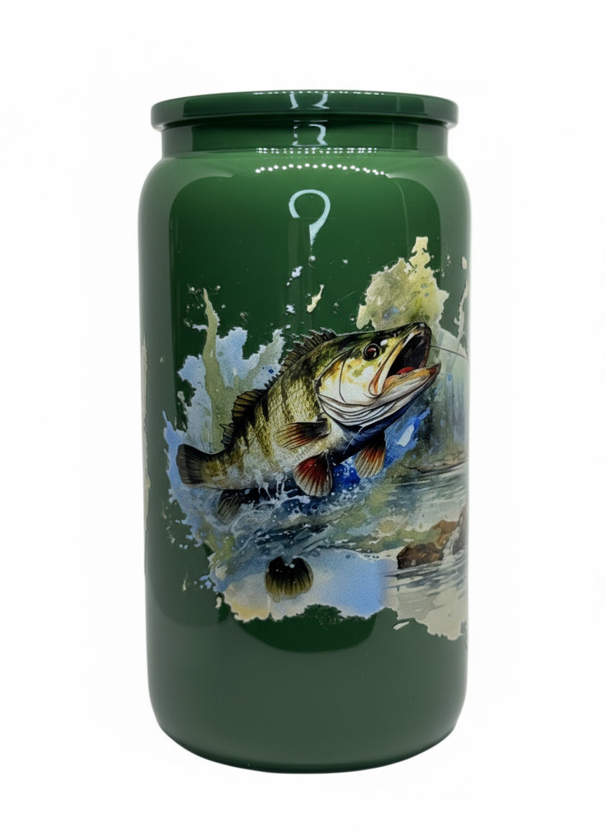 Fishing Bear 16 oz Glass Cup