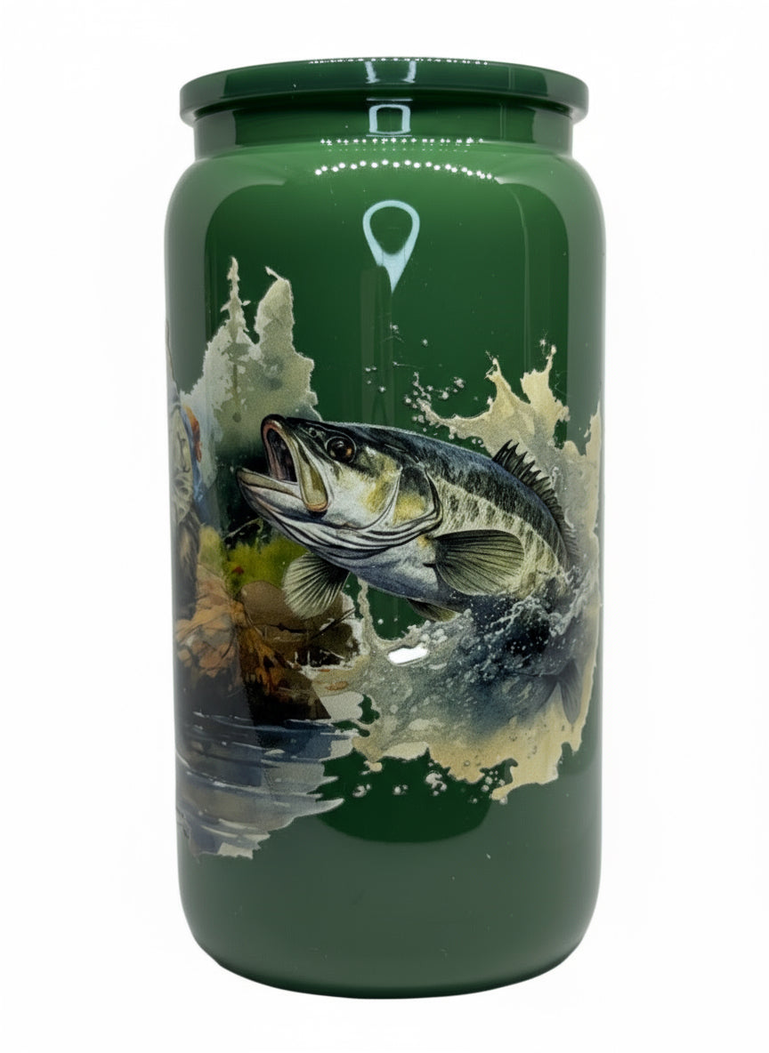 Fishing Bear 16 oz Glass Cup